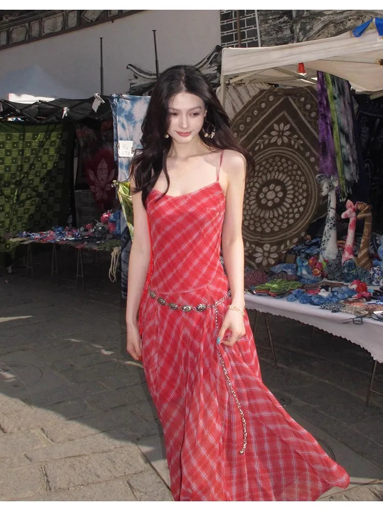 Red Plaid Strapless Dress for Summer Beach