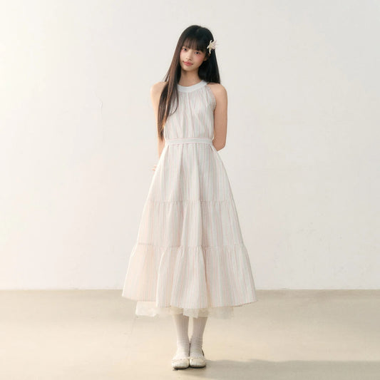 White Bow Plaid Hanging Neck Waisted Dresses