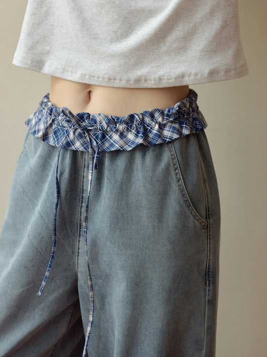Patchwork Ruffled Waistband Straight Jeans