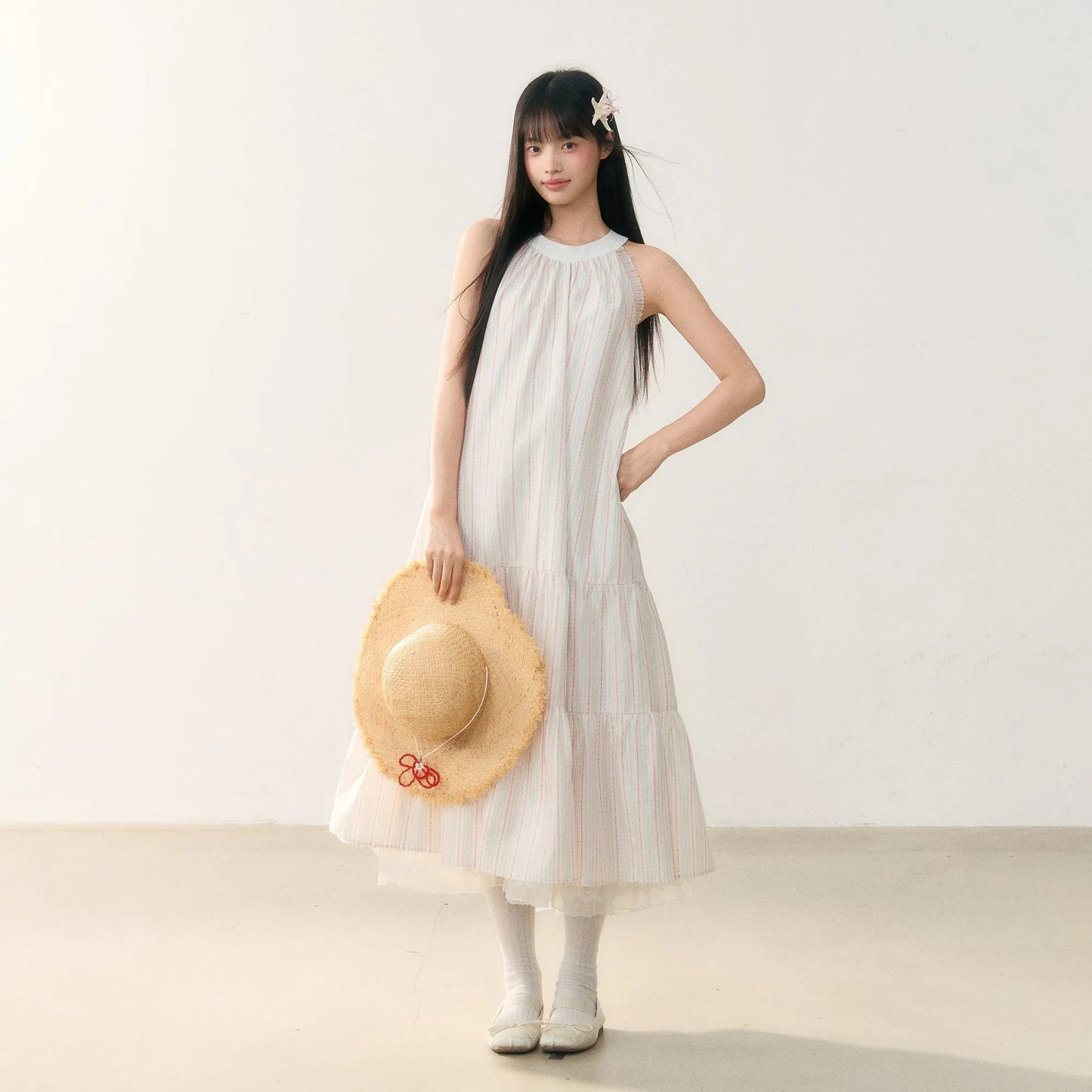 White Bow Plaid Hanging Neck Waisted Dresses