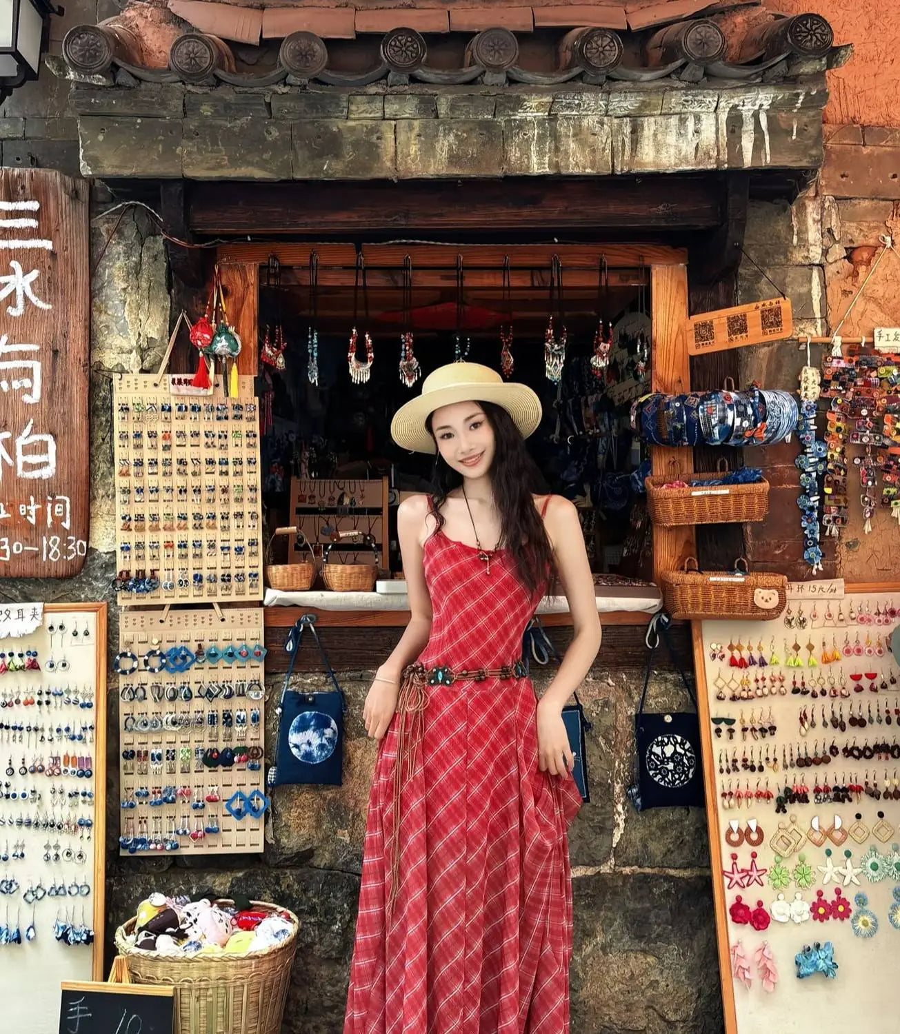 Red Plaid Strapless Dress for Summer Beach