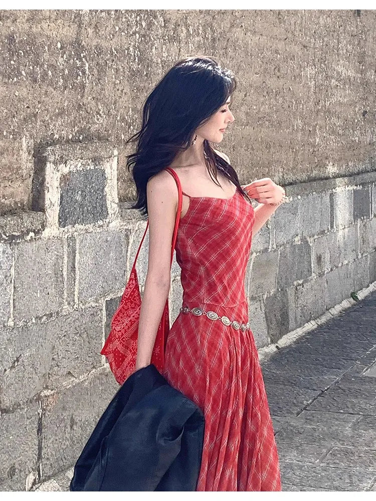 Red Plaid Strapless Dress for Summer Beach