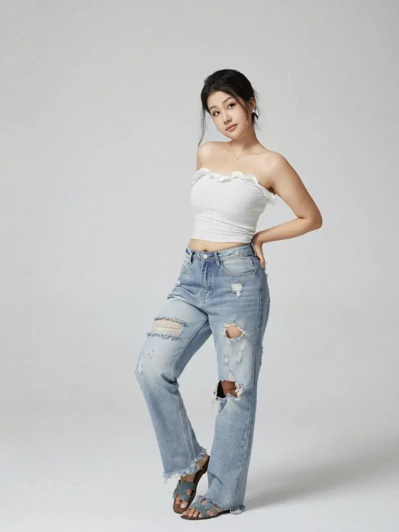 Pear shaped redemption jeans, ripped light-colored washed straight leg jeans