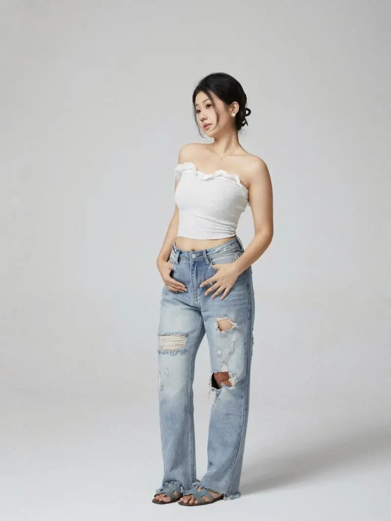 Pear shaped redemption jeans, ripped light-colored washed straight leg jeans