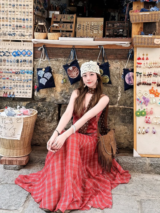 Red Plaid Strapless Dress for Summer Beach