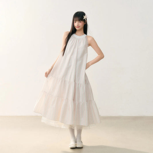 White Bow Plaid Hanging Neck Waisted Dresses
