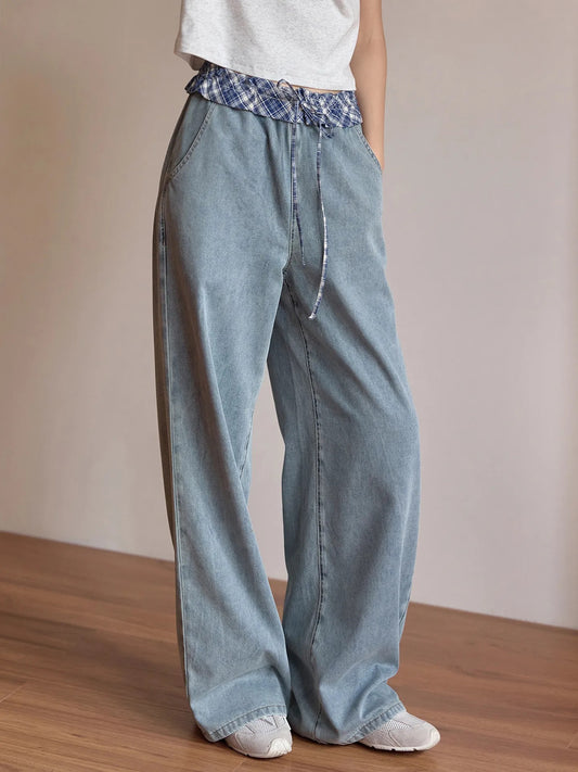 Patchwork Ruffled Waistband Straight Jeans