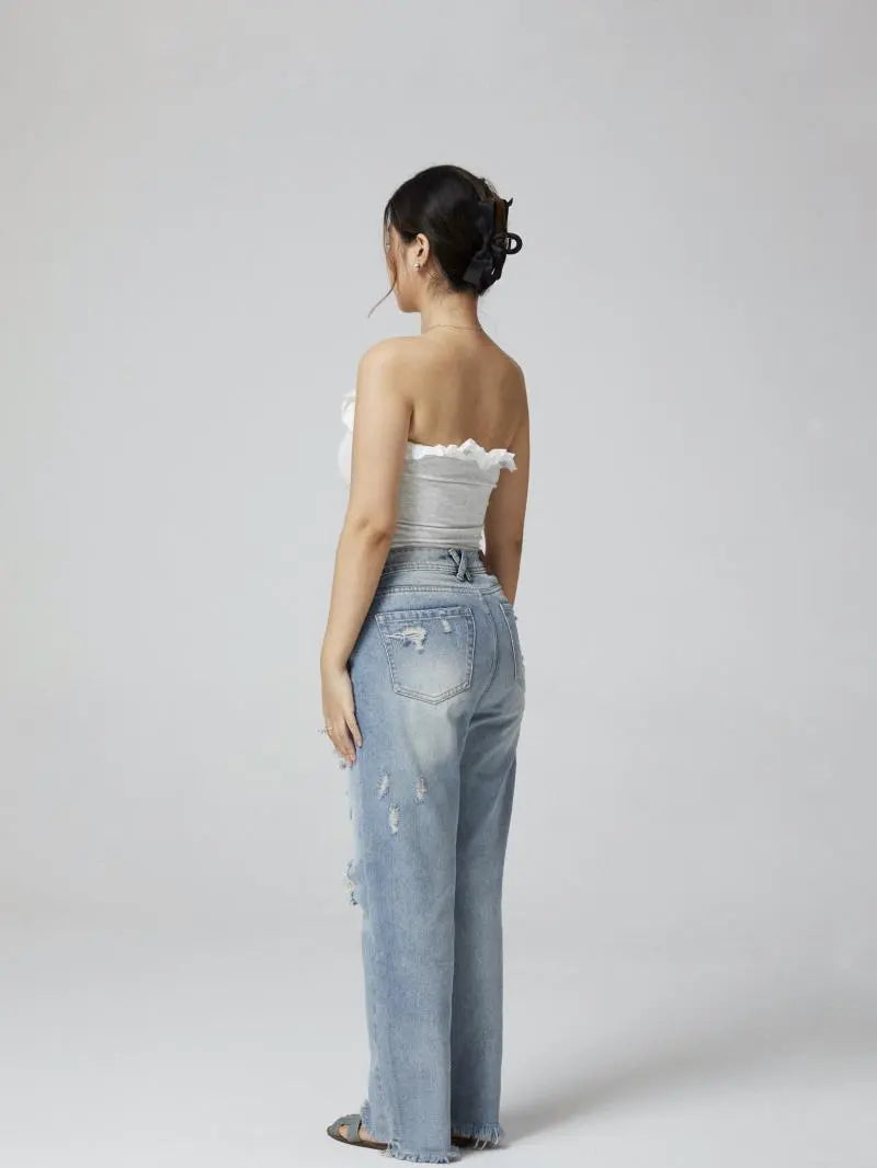 Pear shaped redemption jeans, ripped light-colored washed straight leg jeans